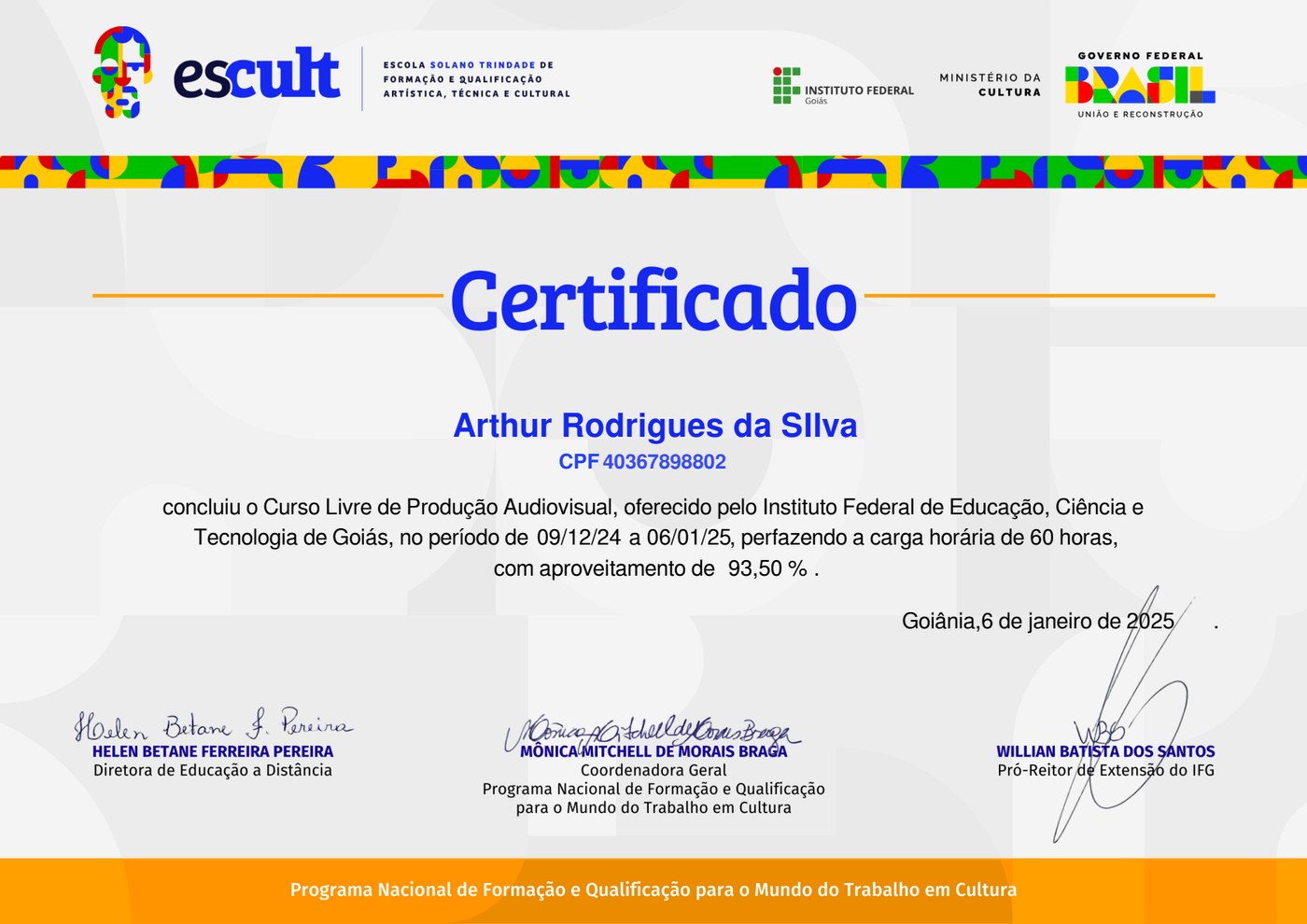 Certificado de Produção Audiovisual de Arthur Rodrigues da Silva