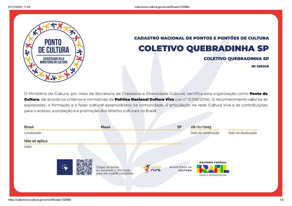Certificado de Ponto de Cultura do Coletivo Quebradinha