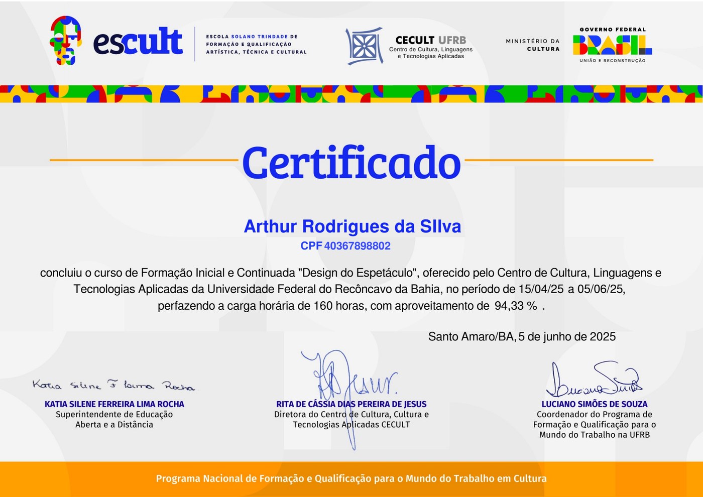 Certificado de Design do Espetáculo de Arthur Rodrigues da Silva
